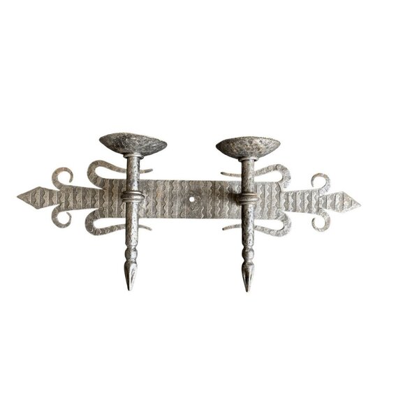 Vintage Gothic Medieval Forged Metal Dart 2 Arm Candle Wall Sconce Holder Candel